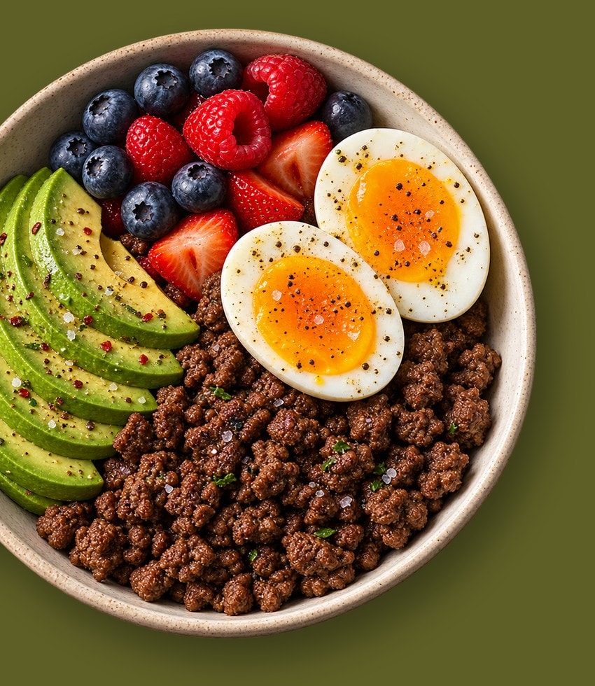 A bowl of ground beef, eggs, avocado, and berries