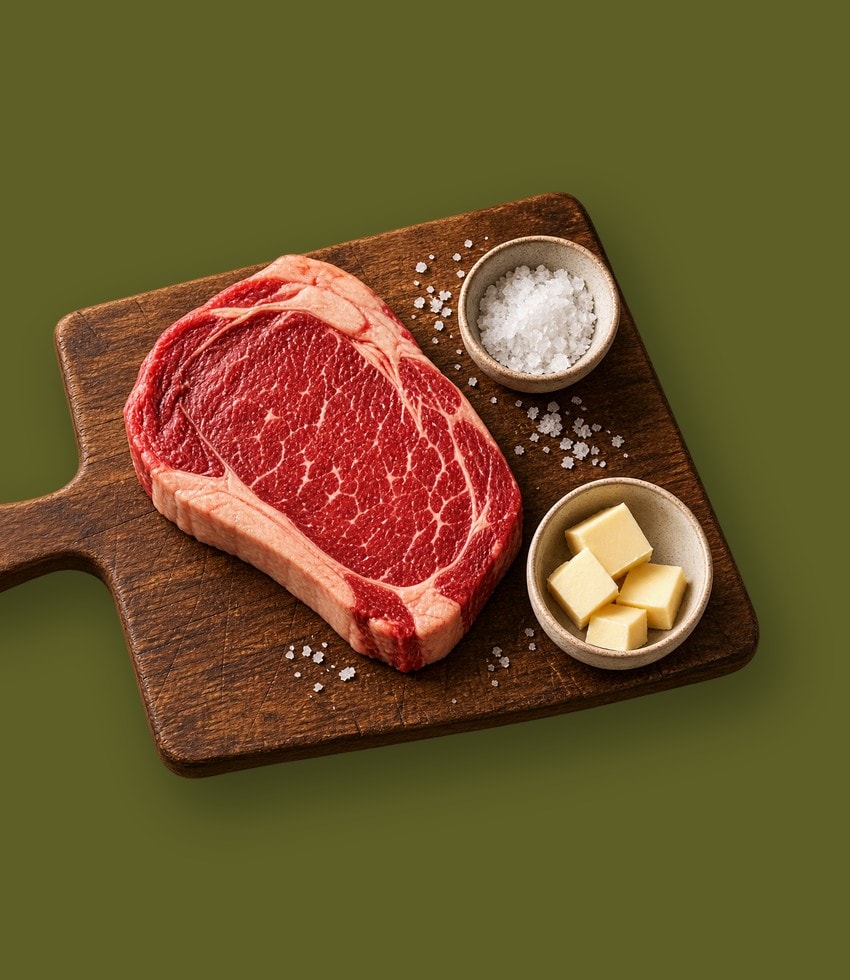 A ribeye on a wooden board with salt and butter